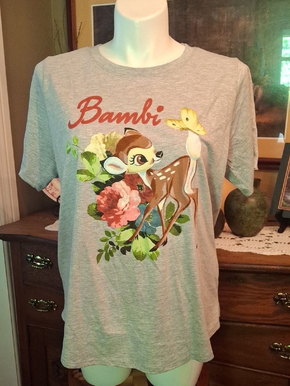 Disney Grey Bambi Floral Tee with Yellow Butterfly